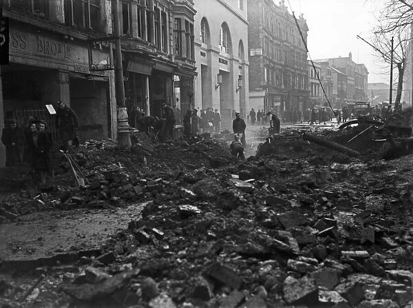 Cardiff, Wales, during The Blitz in World War Two. Devastation in the Hill Street