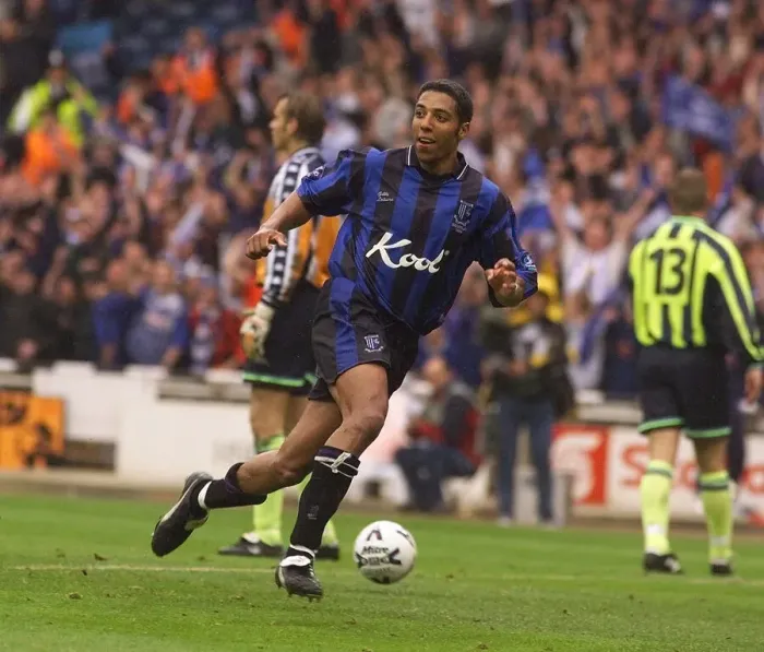 Framed Print : Carl Asaba celebrates Gillinghams 1st goal May 1999 against Manchester