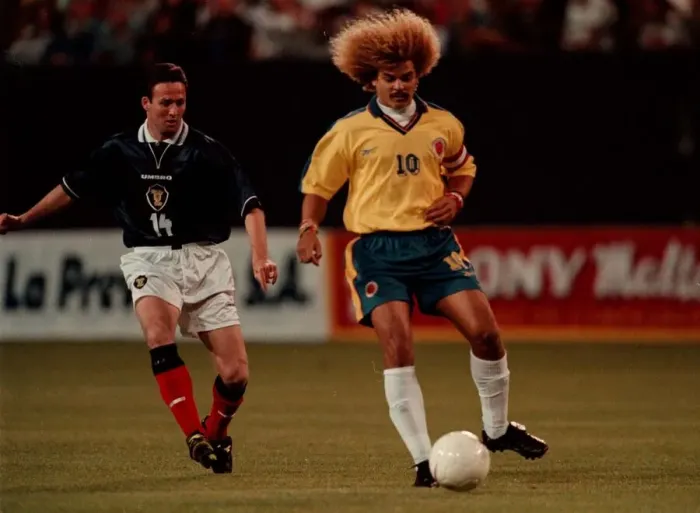 Framed Print : Carlos Valderrama Colombia and Paul Lambert May 1998 Scotland football player curly Framed Print : Carlos Valderrama Colombia and Paul Lambert May 1998 Scotland football player curly