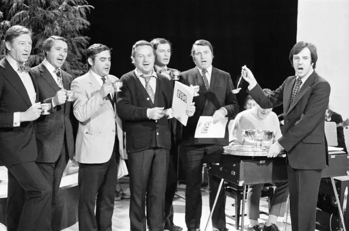Framed Print : Carol singing ITN Newscasters celebrate christmas on the Russell Harty Show Framed Print : Carol singing ITN Newscasters celebrate christmas on the Russell Harty Show