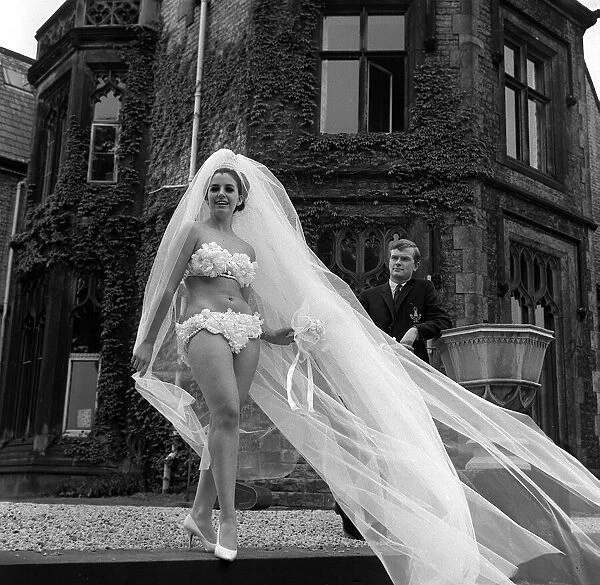 Carole Redhead Miss Great Britain May 1965 modeling a wedding bikini by designer