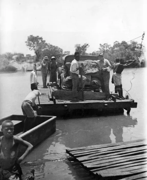 Framed Print : One of Carr-Hartleys cars arriving by Ferry after crossing the Zambezi river Framed Print : One of Carr-Hartleys cars arriving by Ferry after crossing the Zambezi river