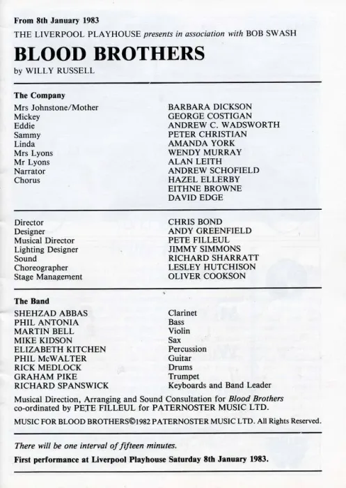 Framed Print : The cast list for Blood Brothers at the Liverpool Playhouse, 1983