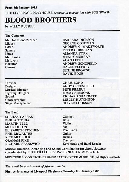 The cast list for Blood Brothers at the Liverpool Playhouse, 1983