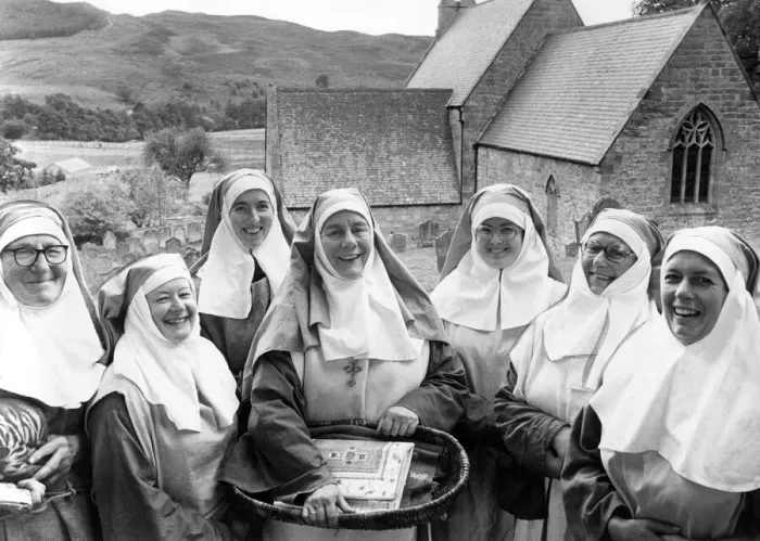 Framed Print : The cast of the play The Seven Nuns, who are left to right, Ann Clark, Freda Howarth