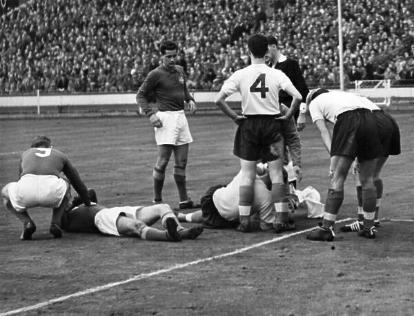 Casualties in the English goalmouth. Hopkinson, Englands Keeper