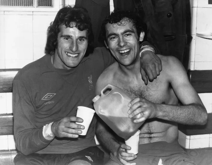 Framed Print : Celebrations in the dressing room at Highbury for Liverpool goalkeeper Ray Clemence Framed Print : Celebrations in the dressing room at Highbury for Liverpool goalkeeper Ray Clemence