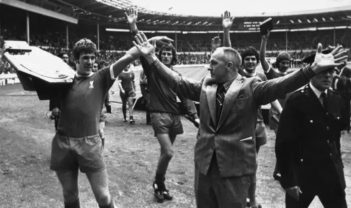 Framed Print : Celebrations for Liverpool led by manager Bill Shankly and captain Emlyn Hughes as Framed Print : Celebrations for Liverpool led by manager Bill Shankly and captain Emlyn Hughes as