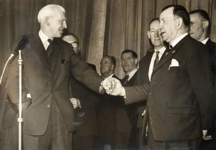 Framed Print : celtic chairman bob kelly shakes the hand of jimmy mcgrory 1965 ROBERT KELLY CELTIC