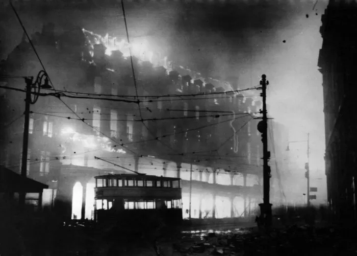 Framed Print : The centre of Sheffield ablaze during the first major bombing raid to hit the city
