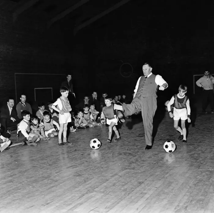 Framed Print : Chairman of Burnley FC Bob Lord kicks off a lesson in good football manners Framed Print : Chairman of Burnley FC Bob Lord kicks off a lesson in good football manners