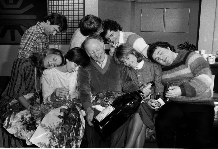 Framed Print : Champagne is poured by staff as BBC Breakfast Television goes on air