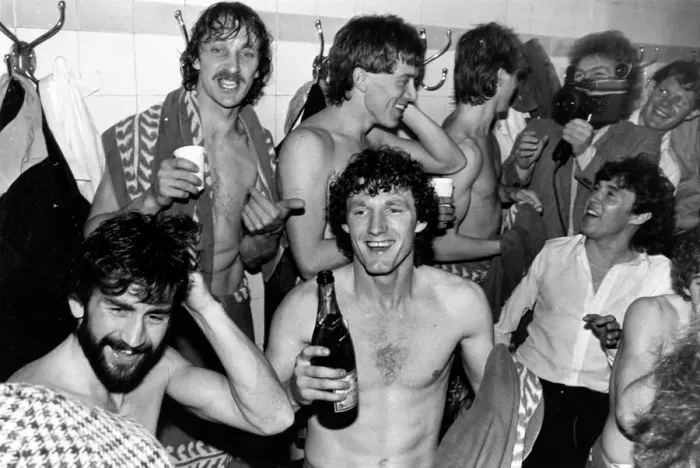 Framed Print : Champagne for the Villa players in the Arsenal dressing room after learning that they had Framed Print : Champagne for the Villa players in the Arsenal dressing room after learning that they had