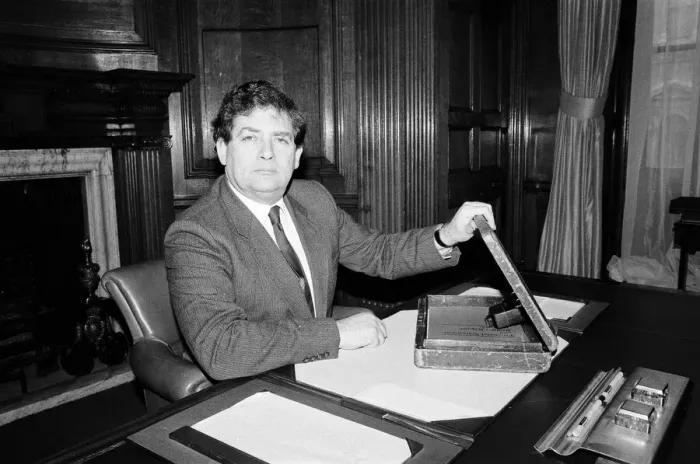 Framed Print : The Chancellor of the Exchequer, Nigel Lawson, at No 11 Downing Street, London Framed Print : The Chancellor of the Exchequer, Nigel Lawson, at No 11 Downing Street, London