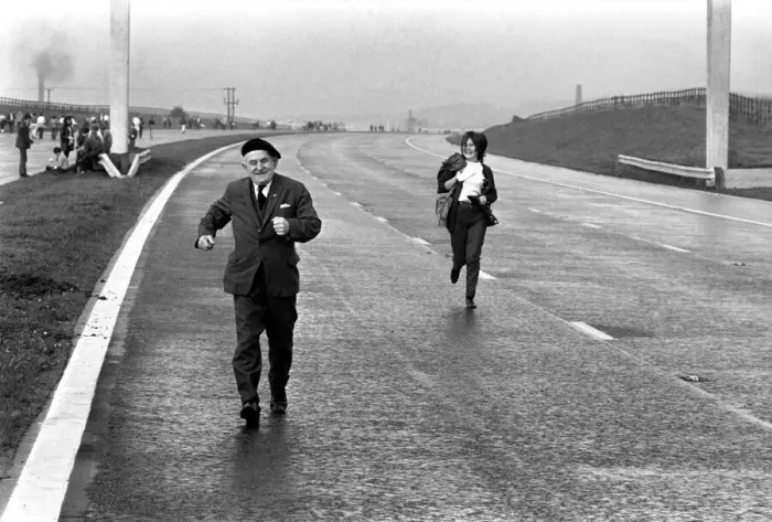 Framed Print : Charity: Walking. Off on the M61 the walkers set off on a sponsored walk to help raise