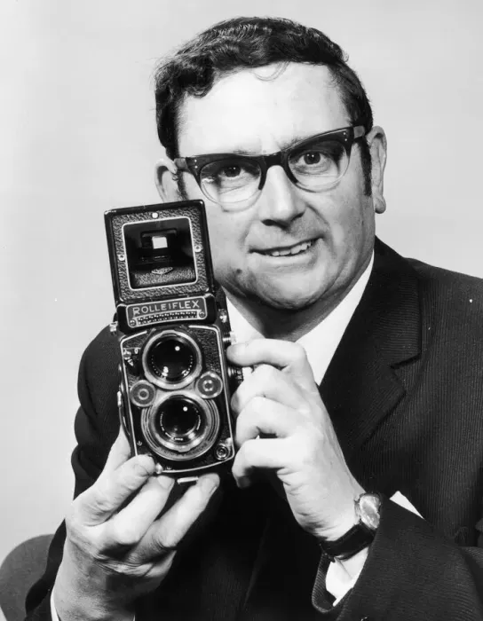 Framed Print : Charles Ley Daily Mirror Staff Photographer seen here with his trusty Rolleiflex camera
