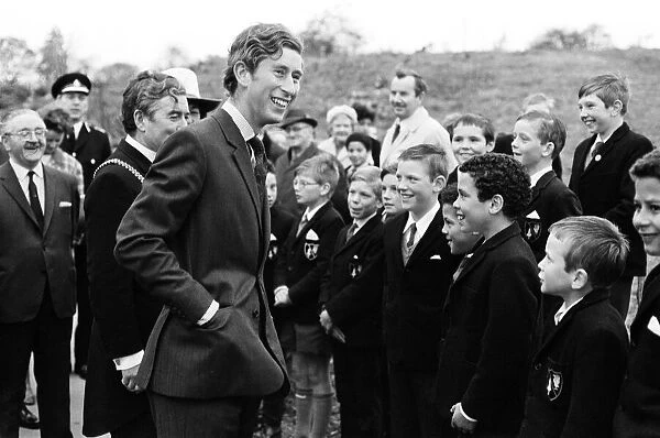 Charles, Prince of Wales visits North Wales. The Prince speaks to pupils from Colomendy