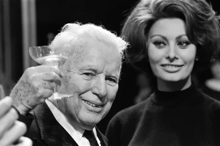 Framed Print : Charlie Chaplin celebrates his 77th birthday on the set at Pinewood where he is making a