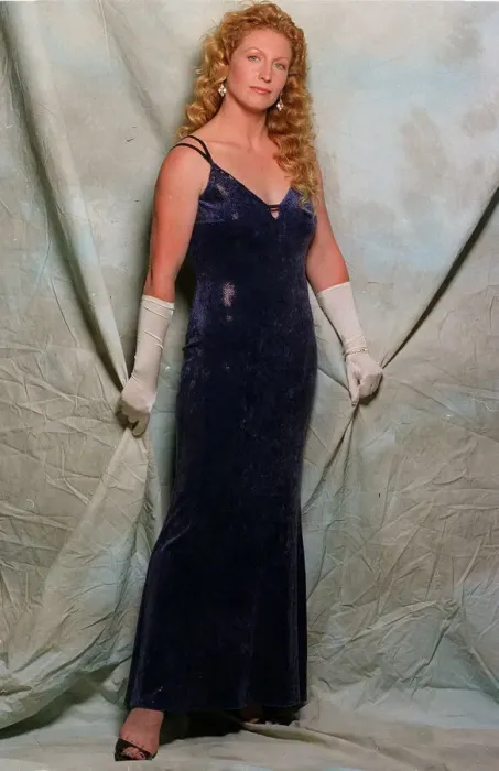 Framed Print : Charlie Dimmock August 1998 blue velvet evening dress white satin gloves Framed Print : Charlie Dimmock August 1998 blue velvet evening dress white satin gloves
