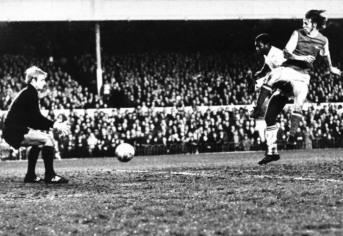 Framed Print : Charlie George of Arsenal attacks Anderlecht goal 1970
