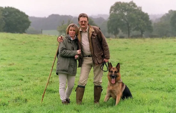 Framed Print : Charlie Lawson Actor with wife Ellie Lawson September 1999 with pet dog called