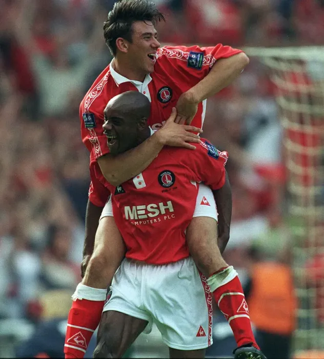 Framed Print : Charlton Athletic footballer Richard Rufus celebrates with team mate Steve Jones after Framed Print : Charlton Athletic footballer Richard Rufus celebrates with team mate Steve Jones after