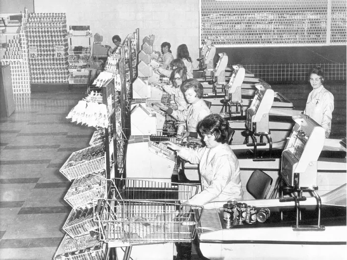 Framed Print : Checkout staff at the co-ops new discount store are gearing up for the rush Framed Print : Checkout staff at the co-ops new discount store are gearing up for the rush