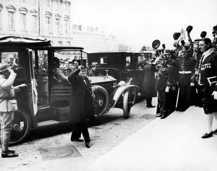 Framed Print : Cheering crowds greet French Premier Georges Clemenceau as he arrives at the Palace of