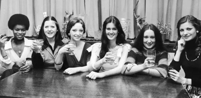 Framed Print : Cheers! A celebration drink for the six girls who won their way through to the finals of Framed Print : Cheers! A celebration drink for the six girls who won their way through to the finals of