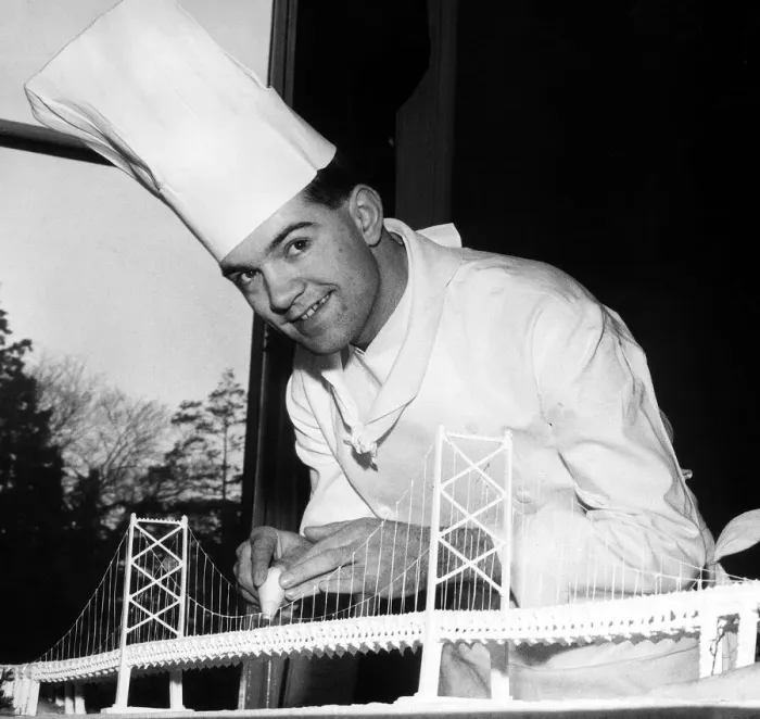 Framed Print : Chef Ian Marshall of Glasgow putting finishing touches 1967 to sugar model of Forth Road
