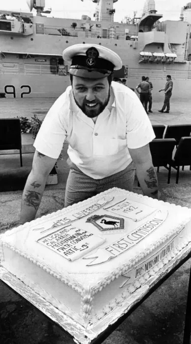 Framed Print : Chef, Petty Officer Bill Colmer with the cake made to commemorate HMS Liverpool