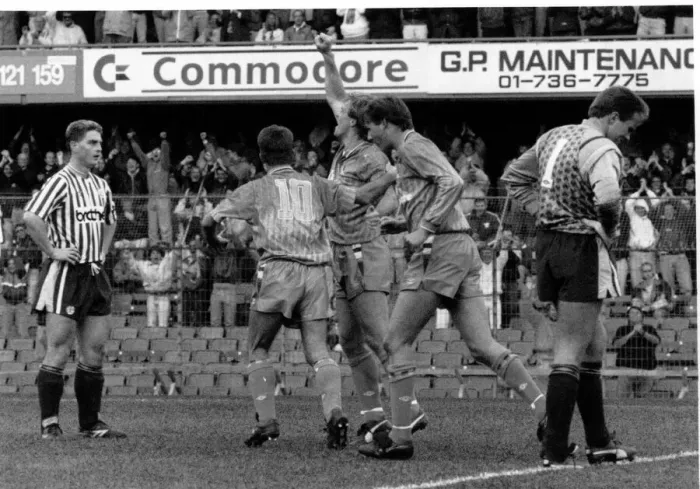 Framed Print : Chelsea 1 v. Manchester City 1. Kerry Dixon celebrates scoring for Chelsea Framed Print : Chelsea 1 v. Manchester City 1. Kerry Dixon celebrates scoring for Chelsea