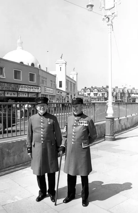 Framed Print : Chelsea Pensioners Joe Melville and Fred Hall at Whitley Bay having a bit of a holiday Framed Print : Chelsea Pensioners Joe Melville and Fred Hall at Whitley Bay having a bit of a holiday