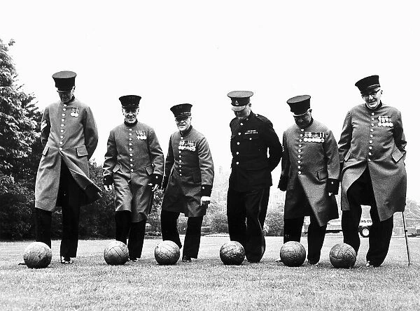 Chelsea Pensioners playing football. January 1970