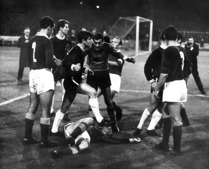 Framed Print : Chelseas Terry Venables leaps to the defence of teamate Eddie McCreadie stepping Framed Print : Chelseas Terry Venables leaps to the defence of teamate Eddie McCreadie stepping