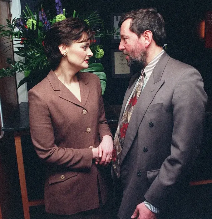 Framed Print : Cherie Blair holds David Blunketts hand and talks to him at the unvieling of Framed Print : Cherie Blair holds David Blunketts hand and talks to him at the unvieling of