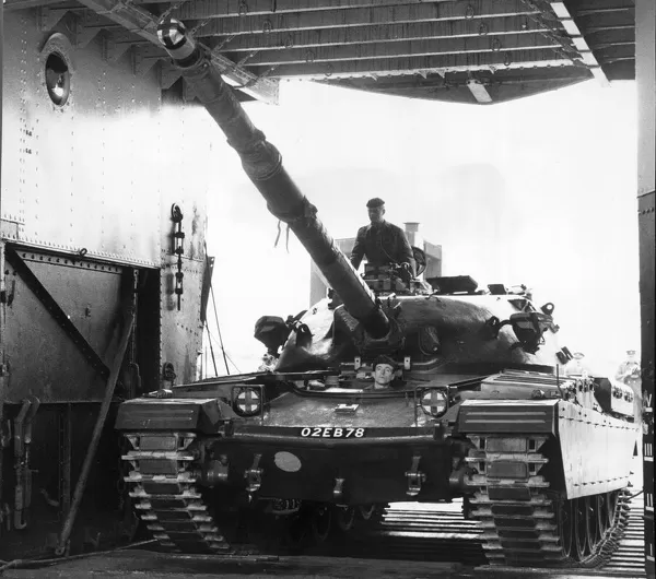 One of four Chieftan tanks being loaded on to the Tank Landing Craft 'Andalsnes'