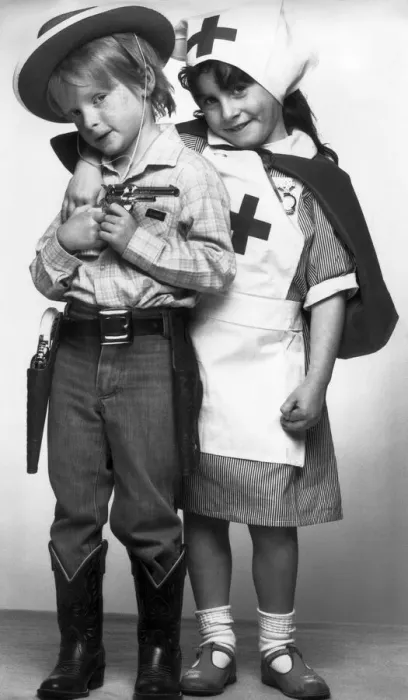 Framed Print : Childre dressed up as cowboy and nurses. 16th April 1985 Framed Print : Childre dressed up as cowboy and nurses. 16th April 1985