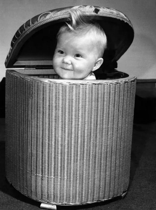 Framed Print : Children - Babies Baby 8 month old Julie sitting in a straw basket