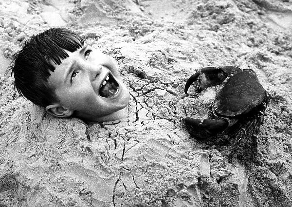 Children on the beach - Young boy burried in the sand with just his head out