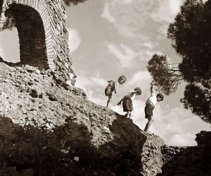 Framed Print : Children climbing amongst the ruins of a castle circa 1950 childhood holidays