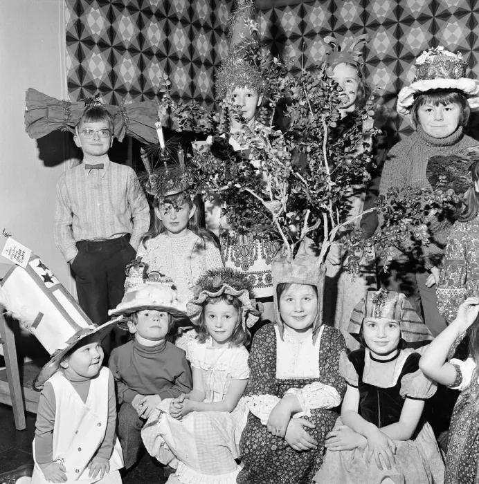 Framed Print : Children compete in a Fancy Hat Competition, Teesside, North East England, January 1974 Framed Print : Children compete in a Fancy Hat Competition, Teesside, North East England, January 1974