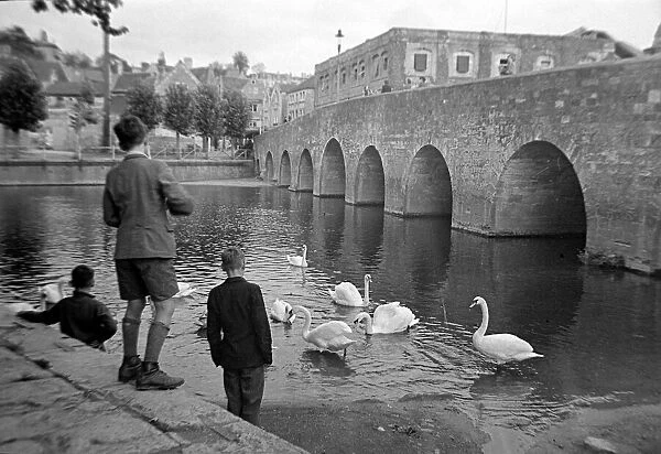 Children feeding swans at Bradford on Avon October 1943