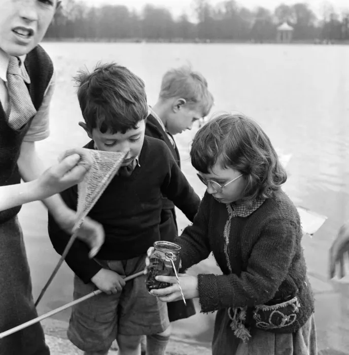 Framed Print : Children fishing in Kensington Gardens pond, London. 25th April 1955