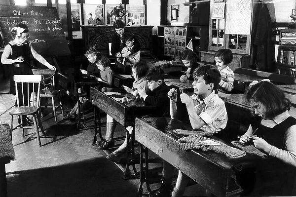 Children learning to knit circa 1946