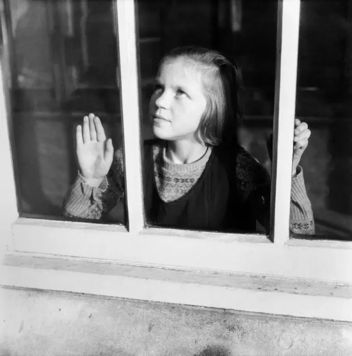 Framed Print : Children. Orphan girl looking out of window. December 1953 D7311 Framed Print : Children. Orphan girl looking out of window. December 1953 D7311