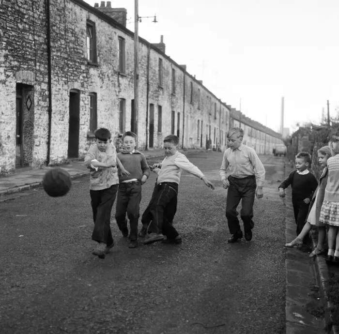 Framed Print : Children playing football in the road. Ebbw Vale, Blaenau Gwent, Wales. September 1960