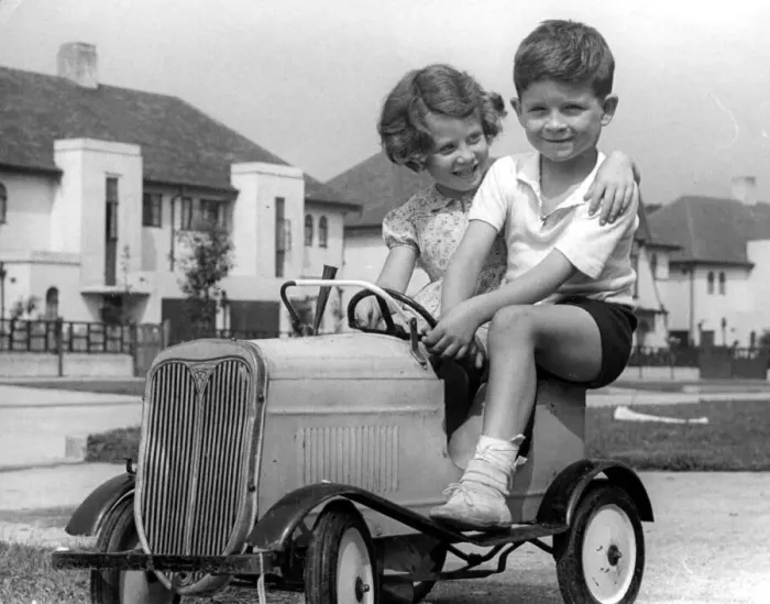 Framed Print : Two children playing with toy car. c. 1945 P044497 Framed Print : Two children playing with toy car. c. 1945 P044497