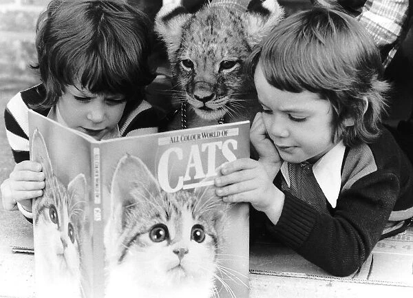 Two children reading a book on cats while a young tiger watches over their shoulders