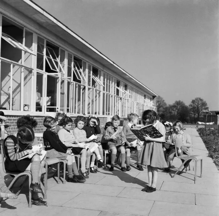 Framed Print : Children at school during the warm weather. 13th March 1954